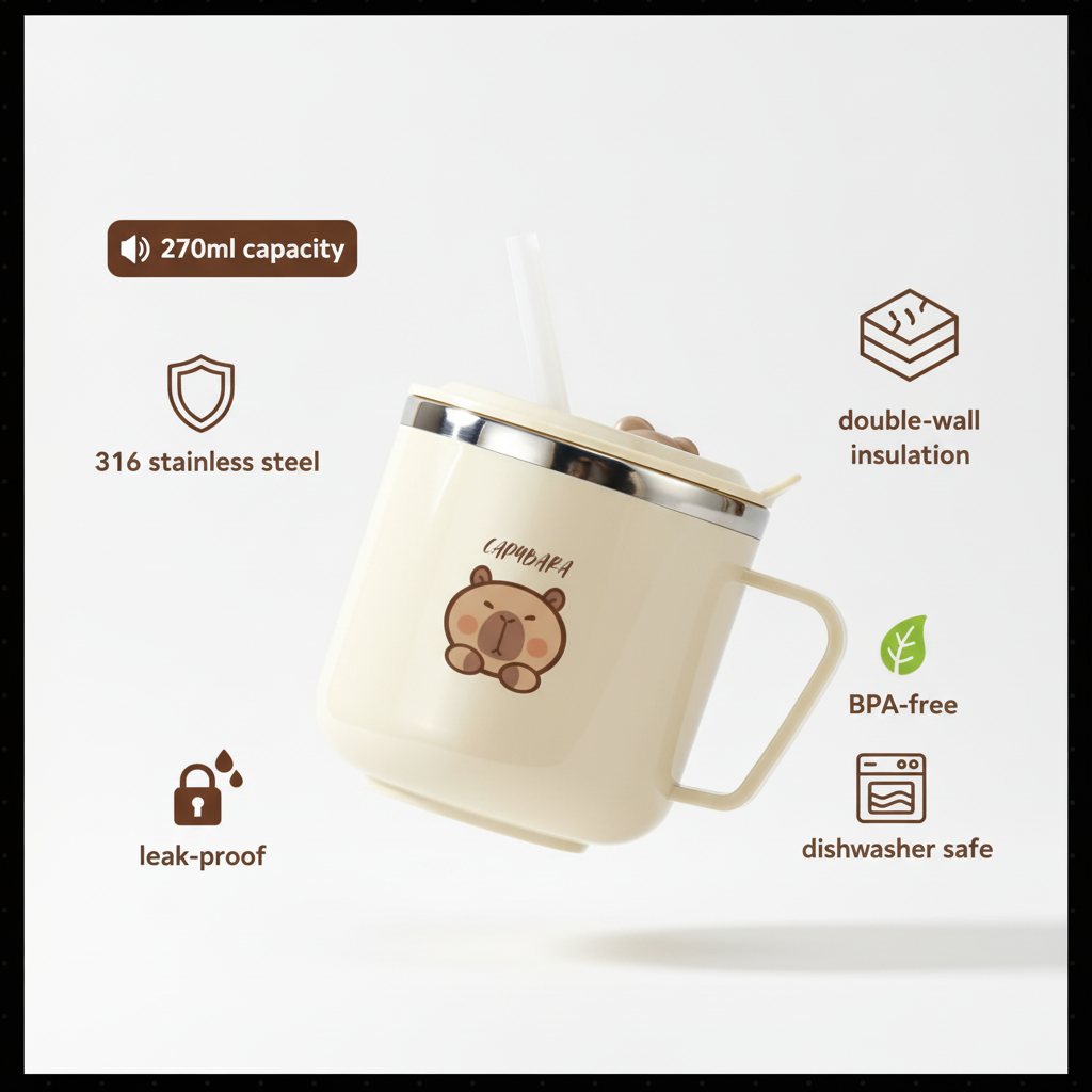 Capybara-Becher mit Produktinformationen