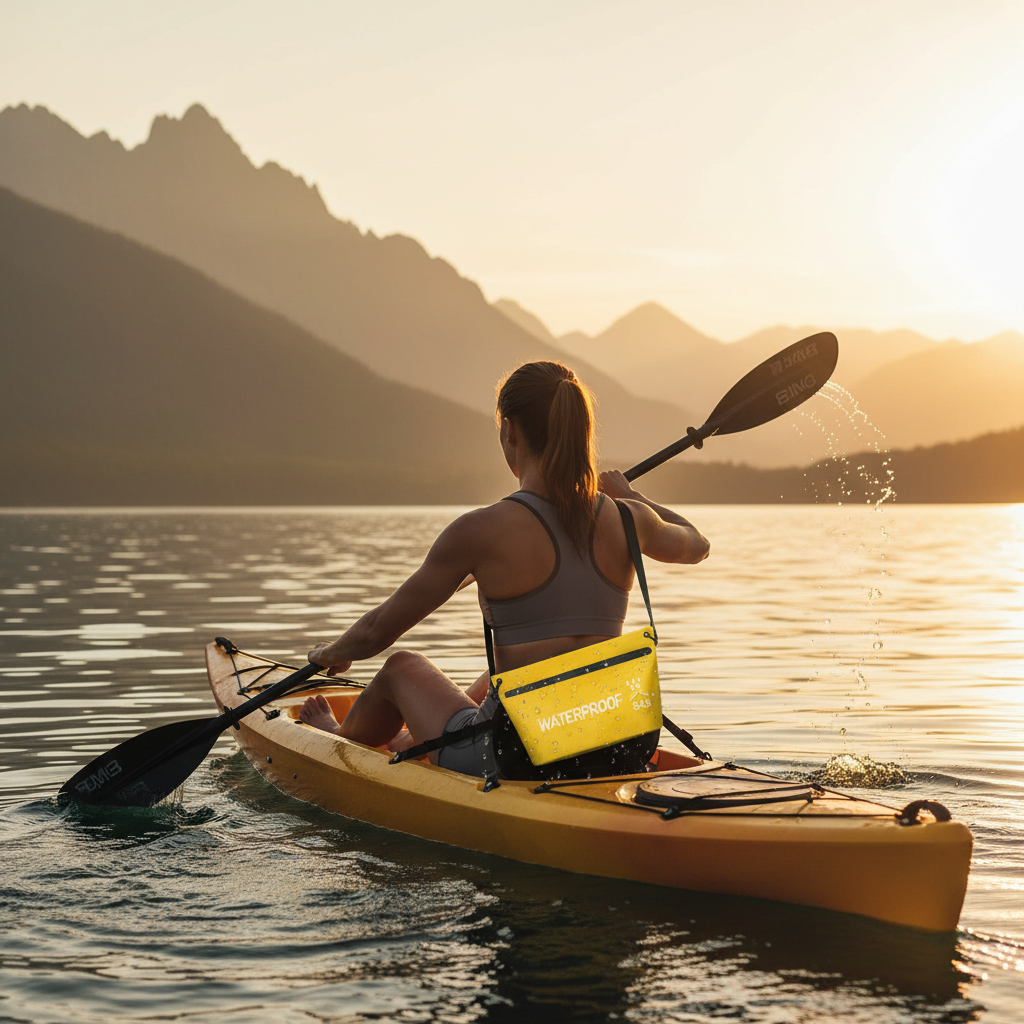Frau beim Kajakfahren mit gelber Tasche