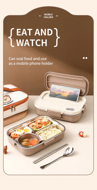 Edelstahl Lunchbox 4-Fächer mit Besteck – Auslaufsicher für Kinder & Schule