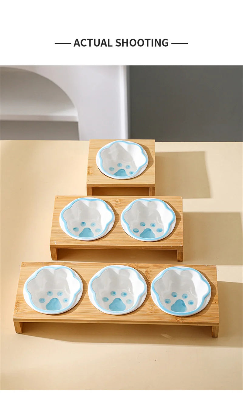 Keramik Futterstation für Katzen & Hunde – 3 Näpfe mit Bambusständer | Pets & Home