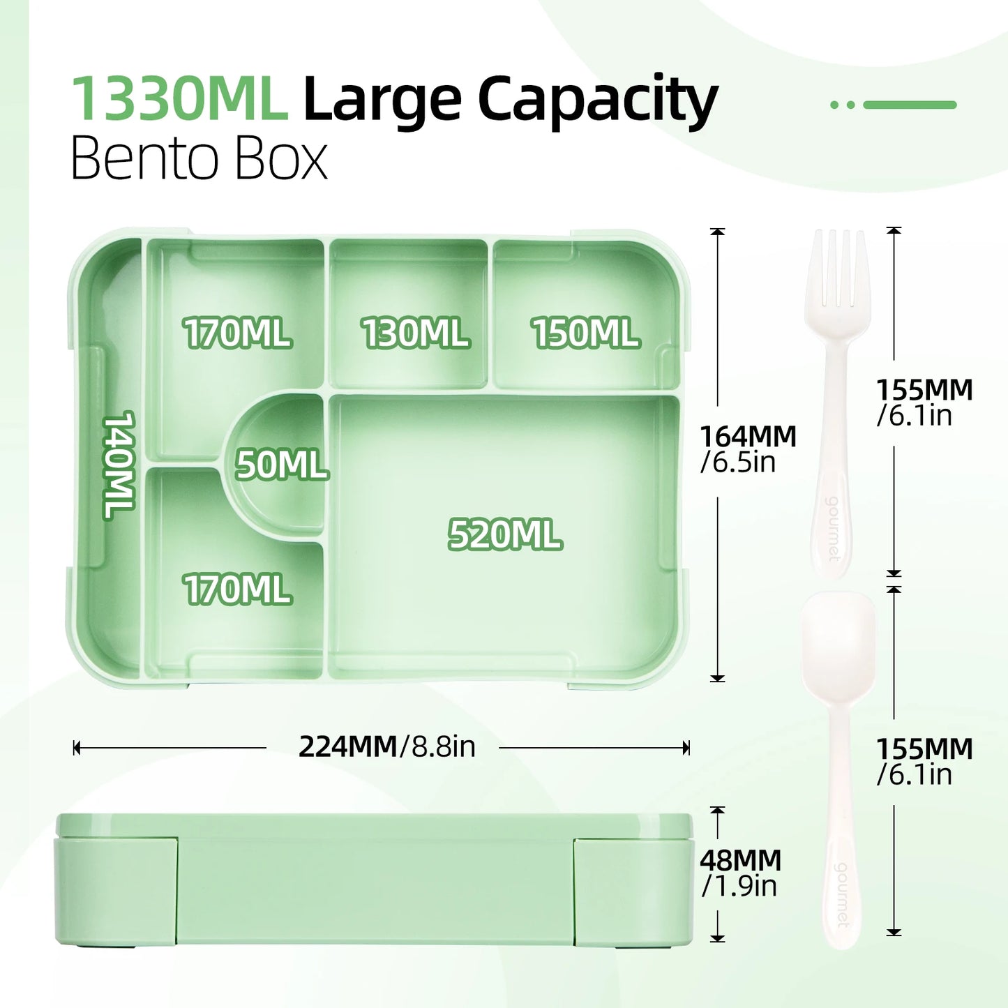 Bento Lunchbox 1330ml - Auslaufsicher mit Fächern für Büro & Schule