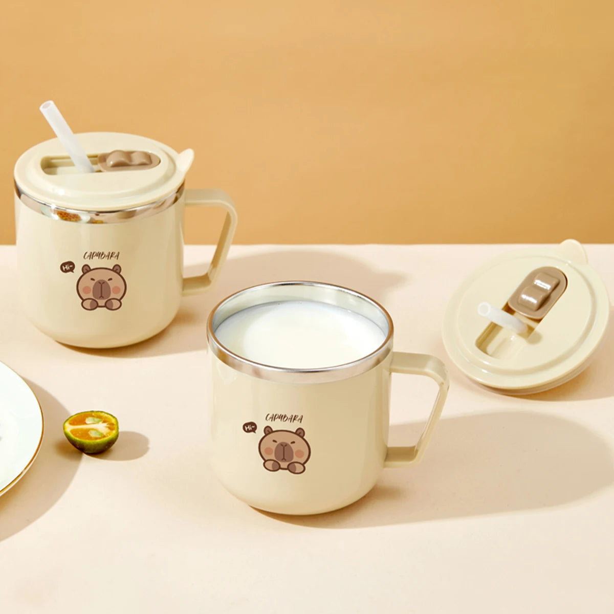 Capybara Kinder Trinkbecher 270ml - Doppelwandiger Edelstahl mit Strohhalm