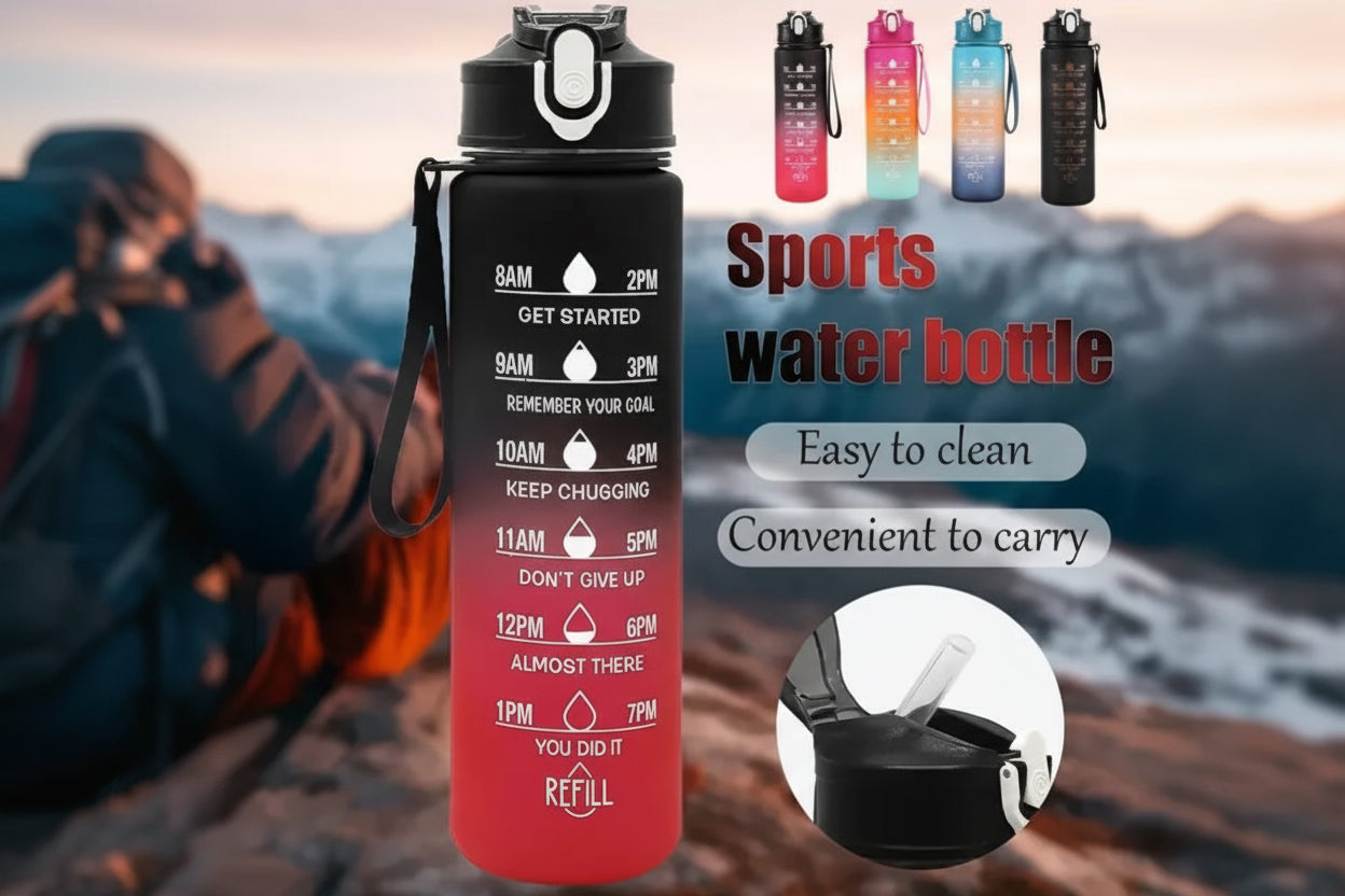 Sport-Trinkflasche 1L mit Zeitmarkierung & Strohhalm – Motivierend & Auslaufsicher