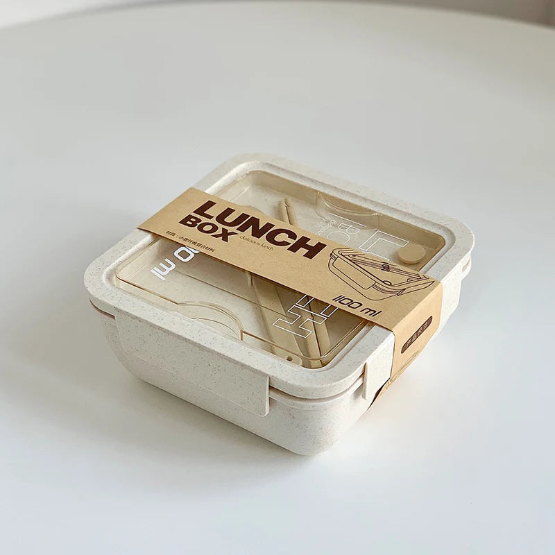 Lunchbox 1100ml Weizenstroh - Bento Box mit Löffel & Stäbchen