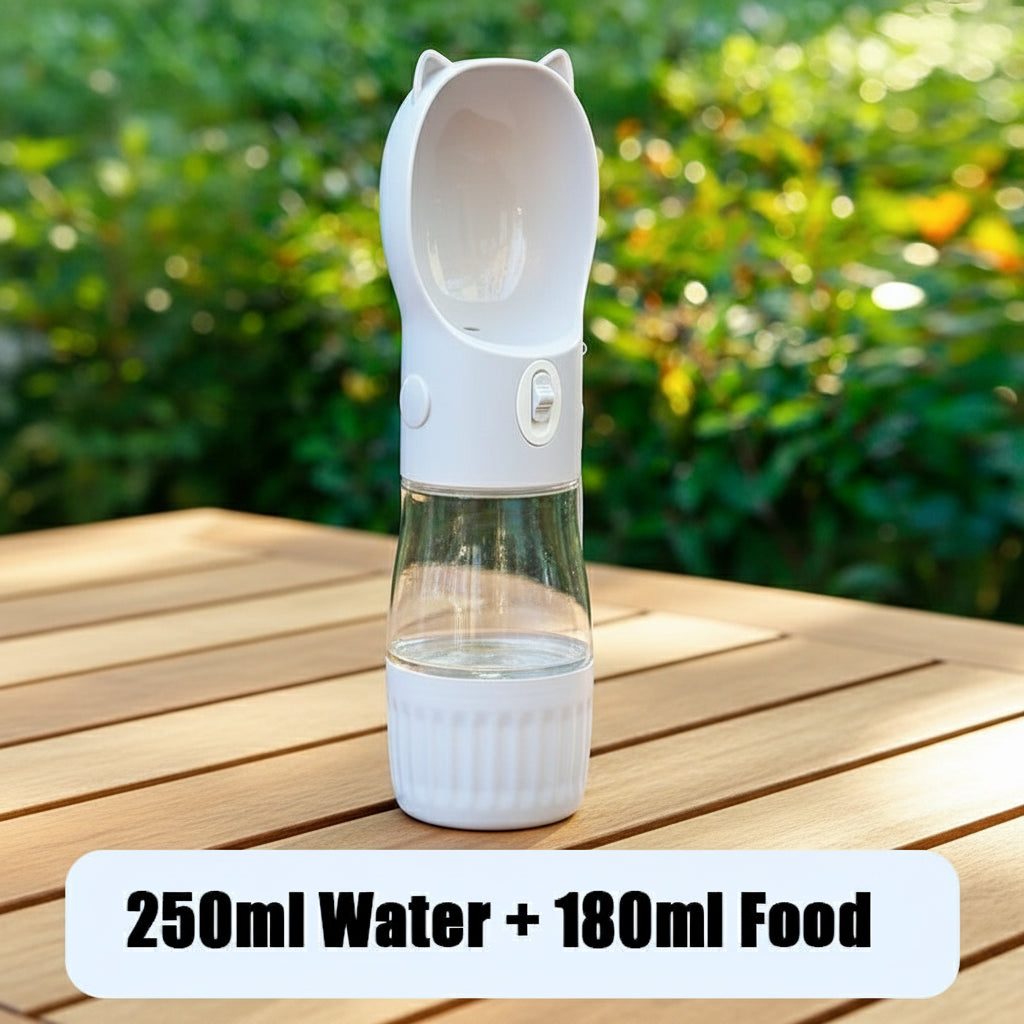Portable Hunde Trinkflasche mit Futterbehälter | 250 ml Wasser + 180 ml Futter | Outdoor Flasche für Hunde & Katzen