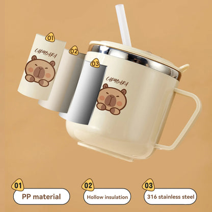 Capybara Kinder Trinkbecher 270ml - Doppelwandiger Edelstahl mit Strohhalm