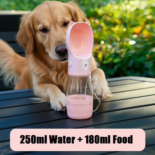 Portable Hunde Trinkflasche mit Futterbehälter | 250 ml Wasser + 180 ml Futter | Outdoor Flasche für Hunde & Katzen