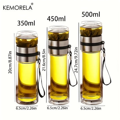 Teeflasche Glas 450ml - Doppelwandig Isoliert mit Tee-Sieb für Unterwegs