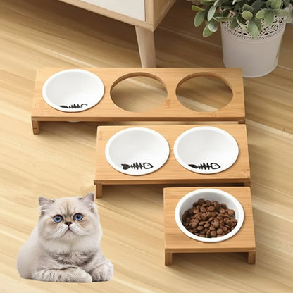 Keramik Futternapf mit Holzständer – Erhöhter Katzen- und Hundenapf (Einzeln, Doppel, Dreifach)
