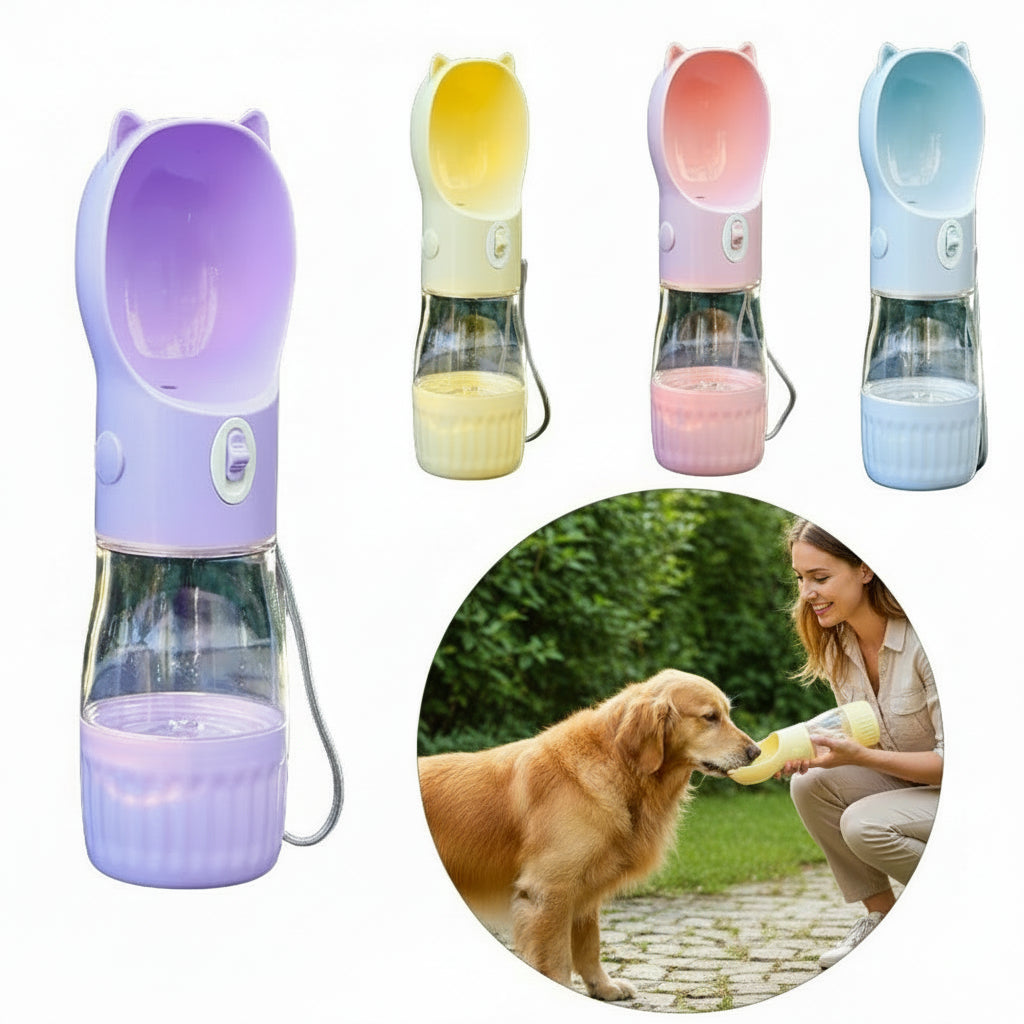 Portable Hunde Trinkflasche mit Futterbehälter | 250 ml Wasser + 180 ml Futter | Outdoor Flasche für Hunde & Katzen