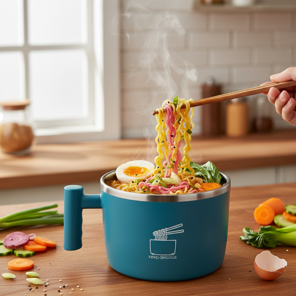 Dampfende Ramen in blauer Schüssel