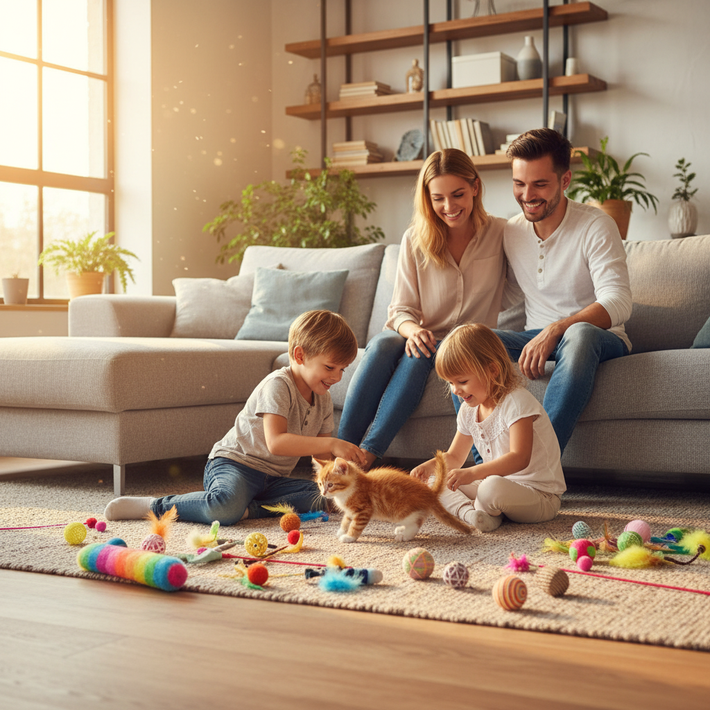 Familie spielt mit Katze