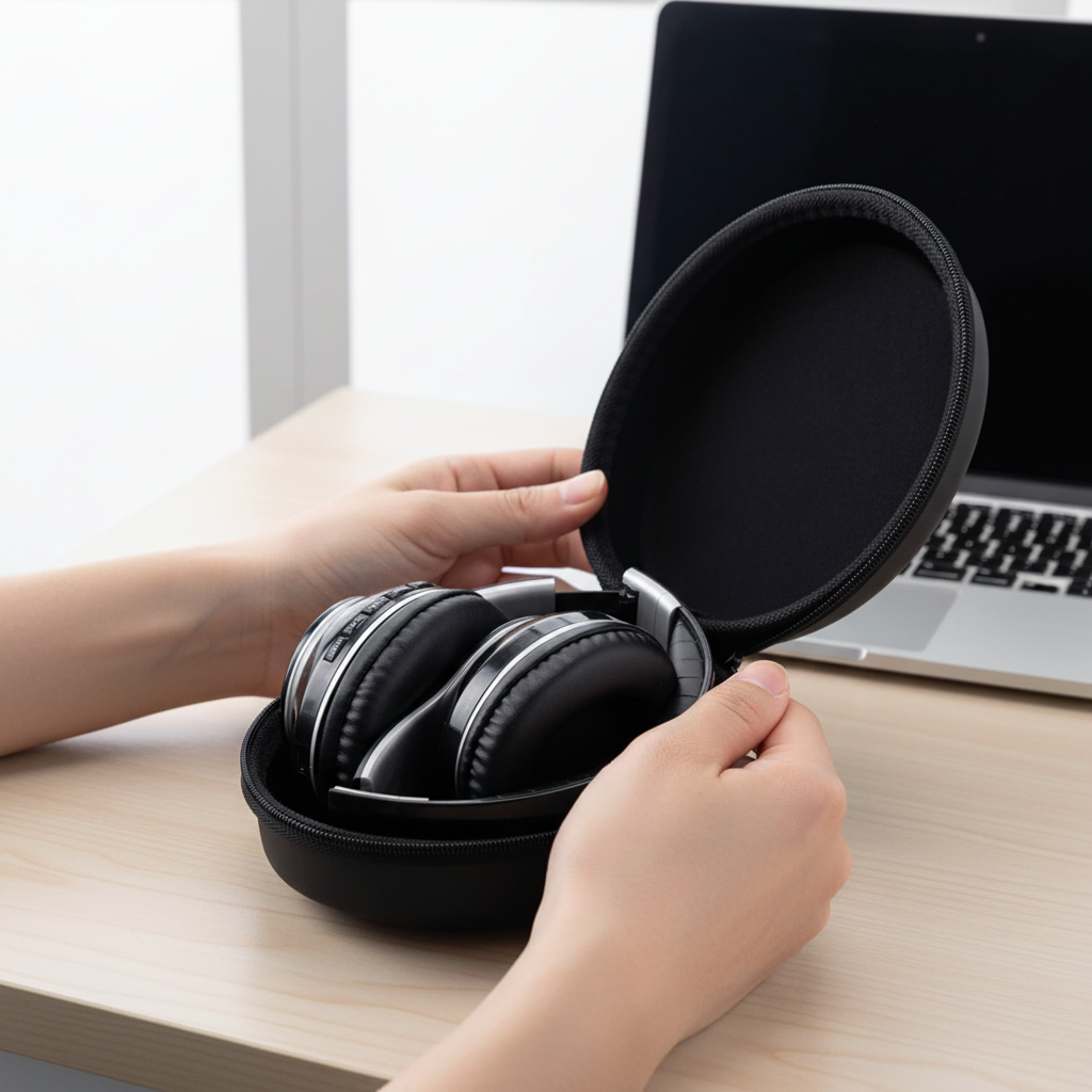 Geöffnete schwarze Tasche mit Kopfhörern