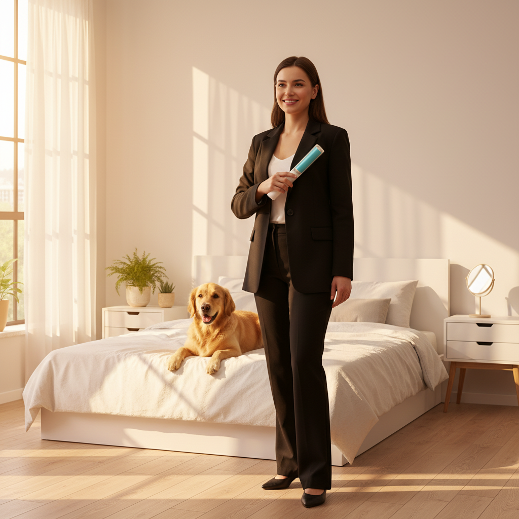 Frau bereitet sich mit Fusselrolle für Arbeit vor