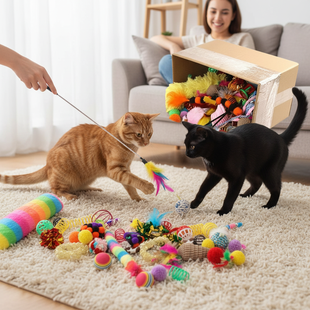 Zwei Katzen spielen zusammen mit verschiedenen Spielzeugen