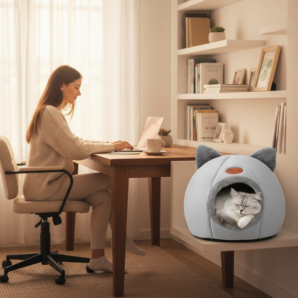 Frau arbeitet im Home Office während Katze in Höhle schläft