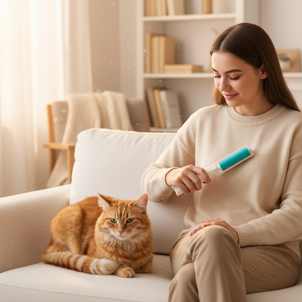 Person nutzt waschbare Fusselrolle auf Sofa mit Katze