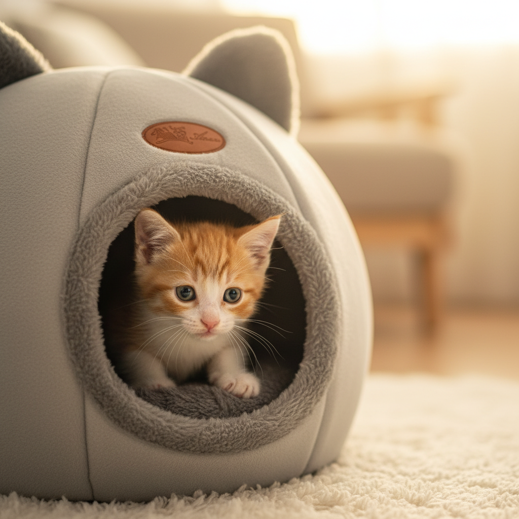 Süßes Kätzchen schaut neugierig aus Katzenhöhle heraus