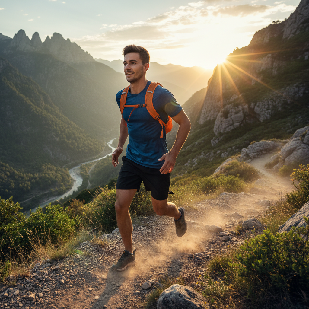 Jogger mit Rucksack bei Sonnenaufgang