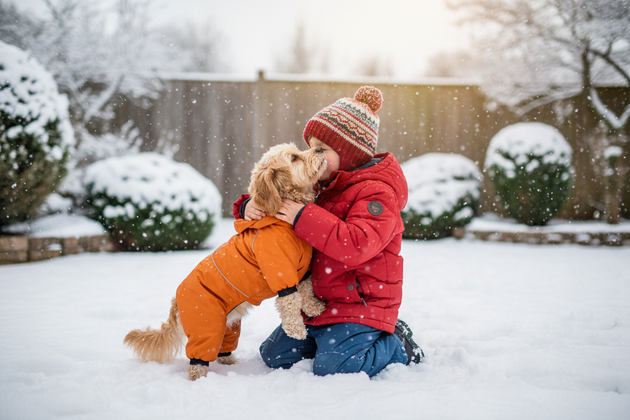 Kind umarmt Hund Overall