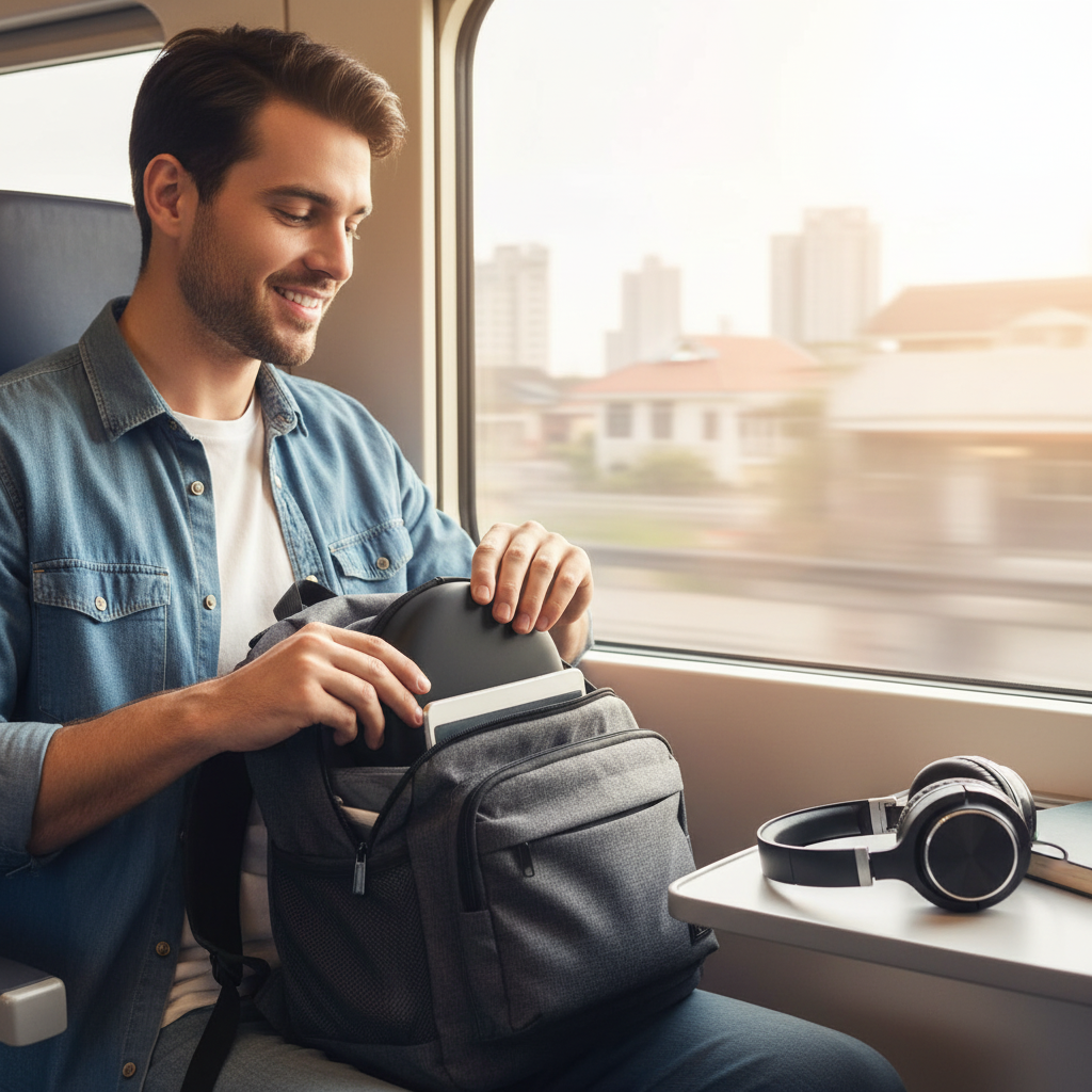 Pendler im Zug mit Tasche