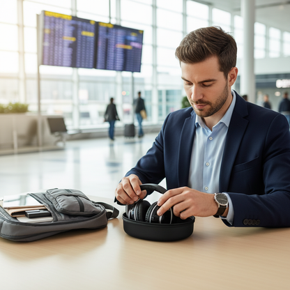 Reisender am Flughafen mit schwarzer Tasche