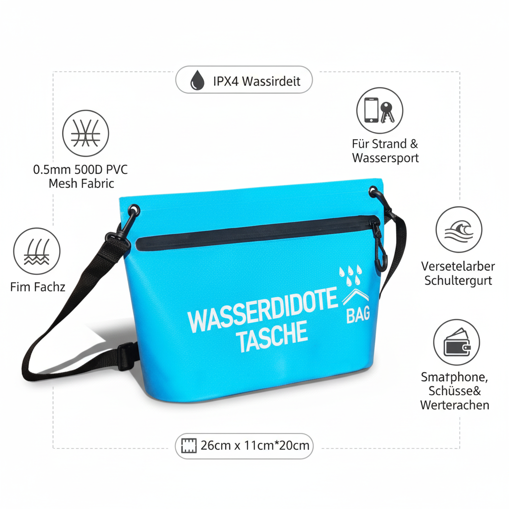 Wasserdichte Handtasche mit Produktinformationen